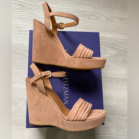 NIB Stuart Weitzman Sundraped Platform Wedge Sandal - NAKED Suede Heels 9